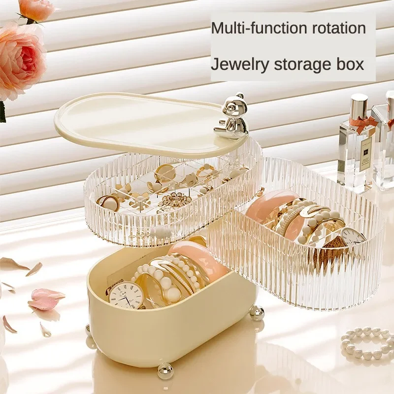 

360° Rotating Dustproof Makeup Jewelry Storage Container with Clear Plastic Compartments Dustproof Data CableCosmetic Organizer