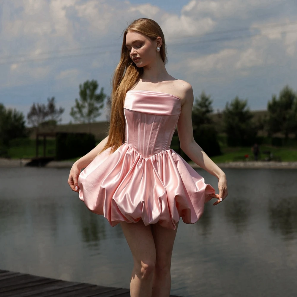 

Women's Baby Pink Satin Mini Dress Strapless Bubble Skirt Party Wedding Guest Dress Sweet Elegant Taffeta Party Gowns