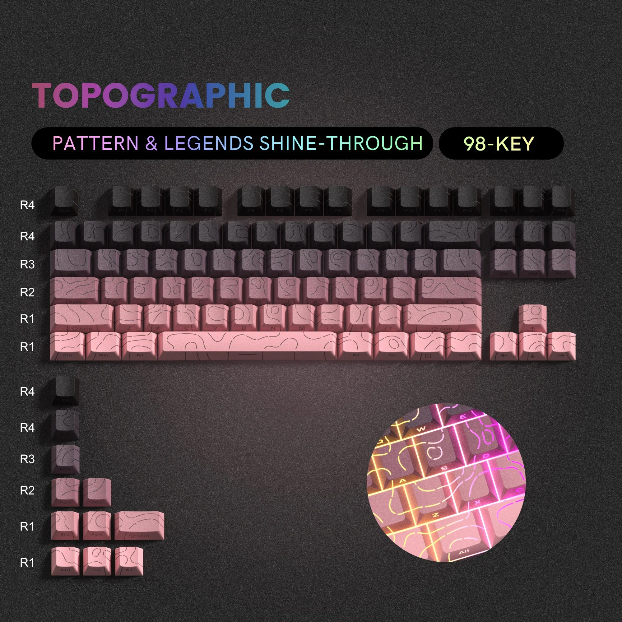 97 Key Pink Topographic Cherry Profile Double Shot PBT Keycaps Side Printed Shine Through Keycaps for MX Switches Gamer Keyboard