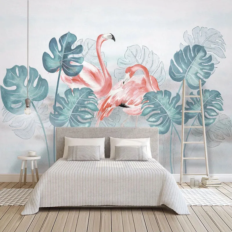 Custom Photo Background Wall Painting 3D Hand Painted Watercolor Leaf Flamingo Large Mural Wallpaper Living Room Bedroom Fresco