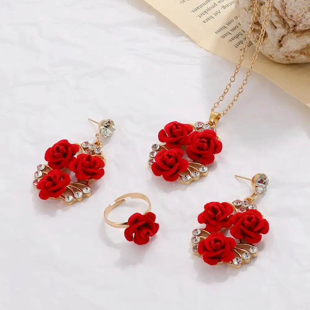 

Red Rose Jewelry Set Vintage Red Rose Wedding Jewelry Set Bridesmaids Rhinestone Necklace Earrings Open Ring for Valentine's