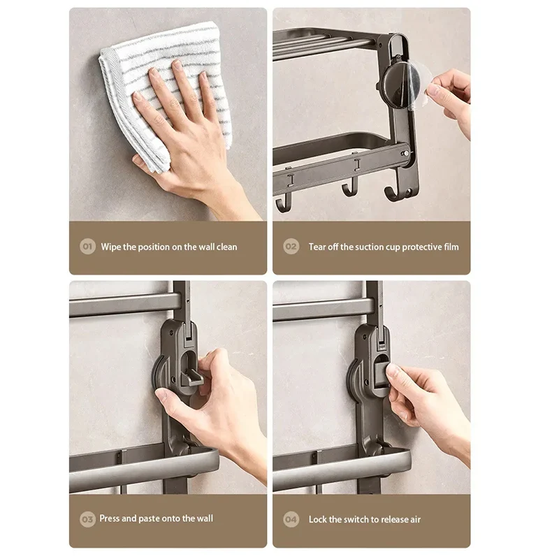 Bathroom Suction Cup Towel Rack, Wall Mounted Foldable Storage Rack, Non Perforated Aluminum Alloy Storage Bracket with Hooks