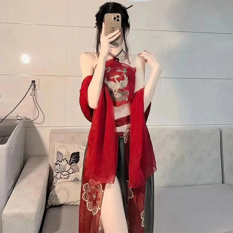 

Chinese Red Sexy Hanfu Apron Women's Pure Desire Lingerie Suspender Skirt Bandage Skirt Set Uniform Hot Shawl Temptation Pajamas