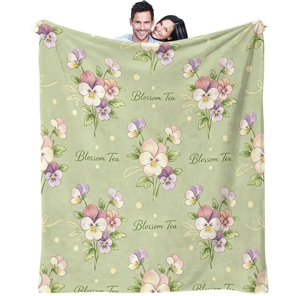 Fresh Light Green Pansy Floral Print Blanket Flannel Throw Warm Gift Blanket Cottage Guest Bedroom Decor