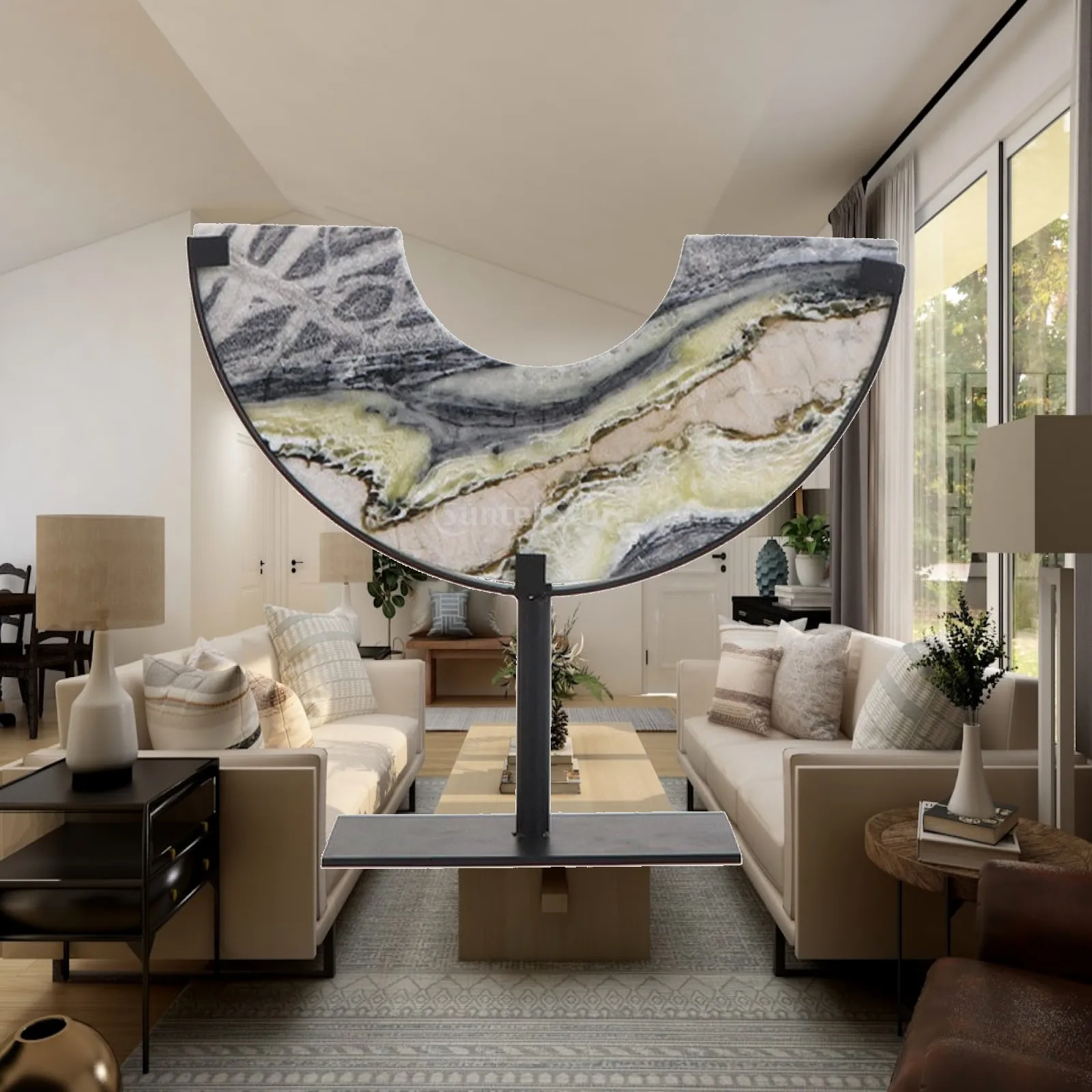 Half Moon Stone Ornament Display Piece Modern Metal Stand Tabletop Decor for Living Room Shelf Art