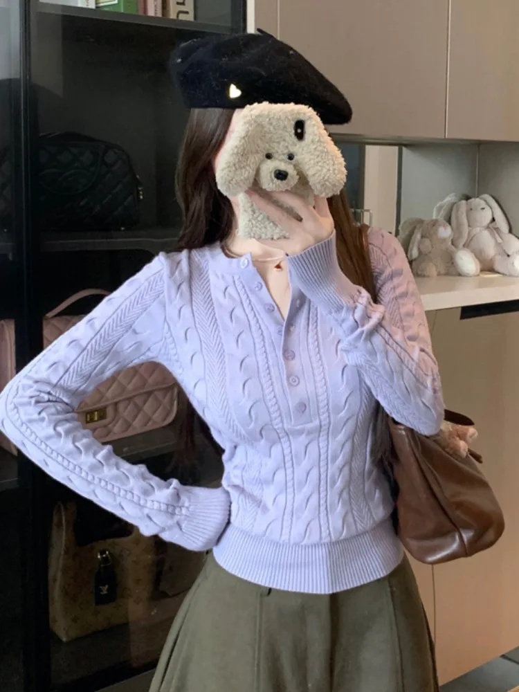 

Purple round Neck Long Sleeve Knitted Top Women's Korean Style Early Autumn Fashion Atmosphere Sensation Base Beautiful Shirt