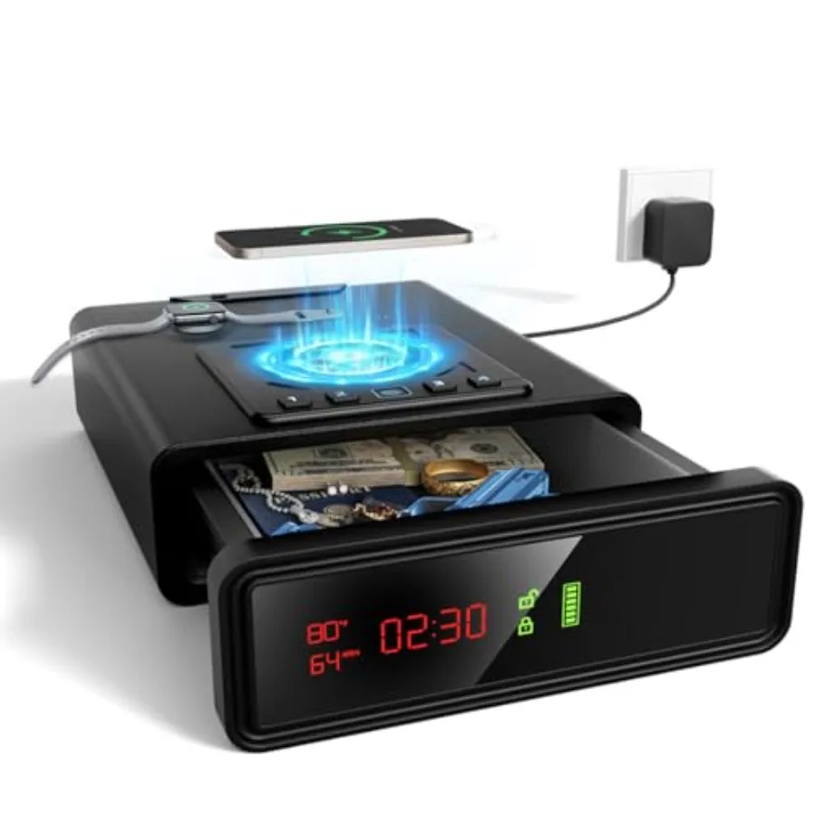 

Биометрический умный сейф с беспроводной зарядкой для телефона и часов, 3 быстрых доступа, прикроватный сейф-ящик, светодиодная подсветка, цифровые часы