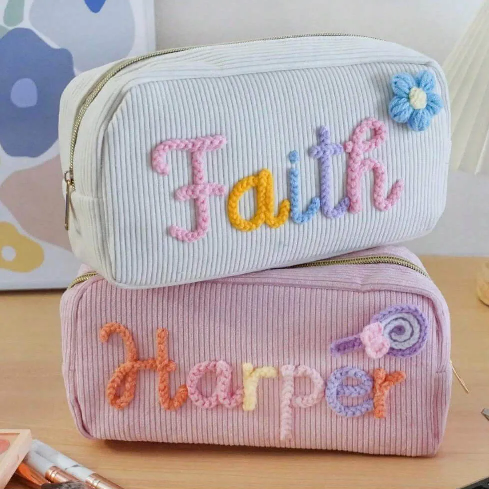 Personalised Corduroy Makeup Bag Custom Name Travel Toiletry Pouch_voghion.com