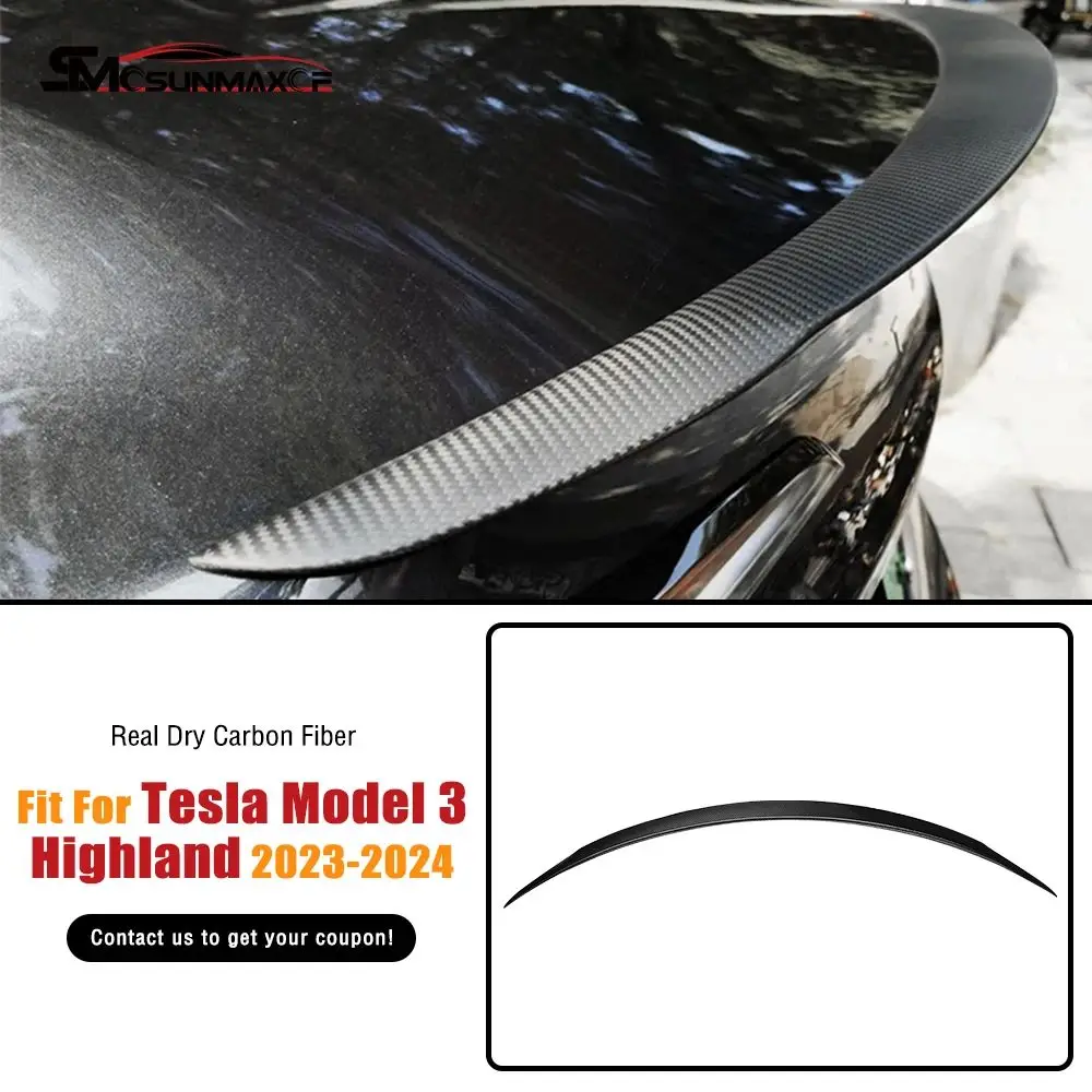 Real Carbon Fiber Spoiler Rear Trunk Wing Spoiler Air Dam Tuning Performance Version Accessories For 2024 Tesla Model 3 Highland