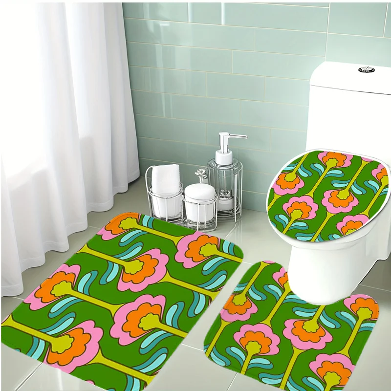 

Geometric Floral 3pc Bath Set – Pink & Orange Blooms, Soft Flannel Non-Slip, Toilet Cover + U Mat + Floor Rug, Festive Decor