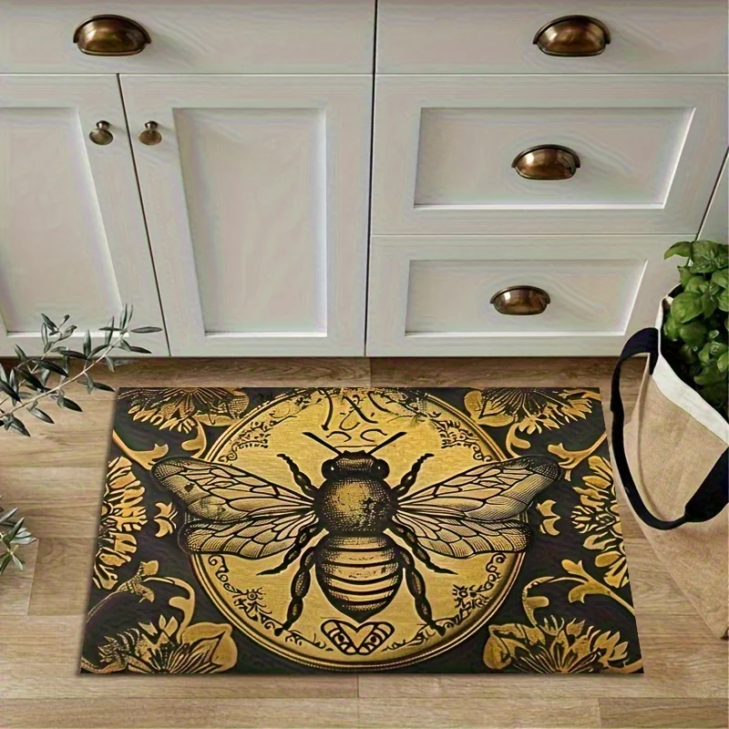 Stylish Bee Print Doormat Rug Mat Entrance Floor Decor Welcome Mat Hexagonal Black Gold Vintage Insect Motif House Accent Gift