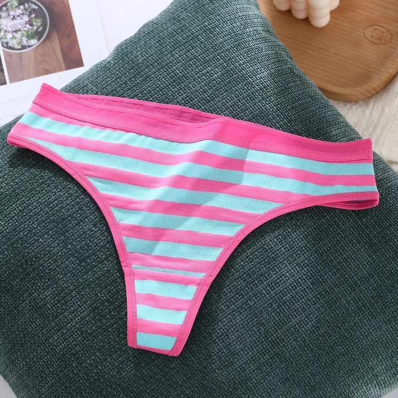 Women\'s underwear striped cotton sports breathable thong European and American sexy low-rise underwear plus size panties women