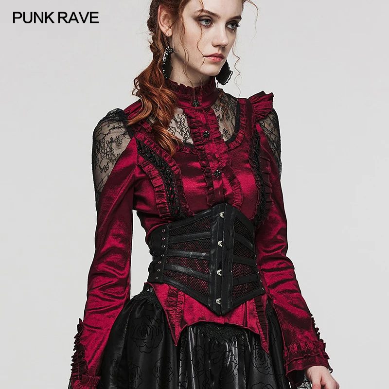 PUNK RAVE Women's Punk Twill Printed Corset Adjustable Elastic String Eyelets Decorated Female Accessories