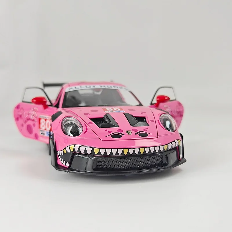 1:24 Scale Alloy 911 GT3 RS Model Unique Dinosaur Paint Job Built In Steering Pull Back Interesting Educational Kid Play Vehicle view 3