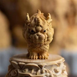 Wood Carving Crafts Auspicious Kirin Small Statue Lucky Mascot Chinese Fortune-making Evil-repelling God Beast Home Art Statue