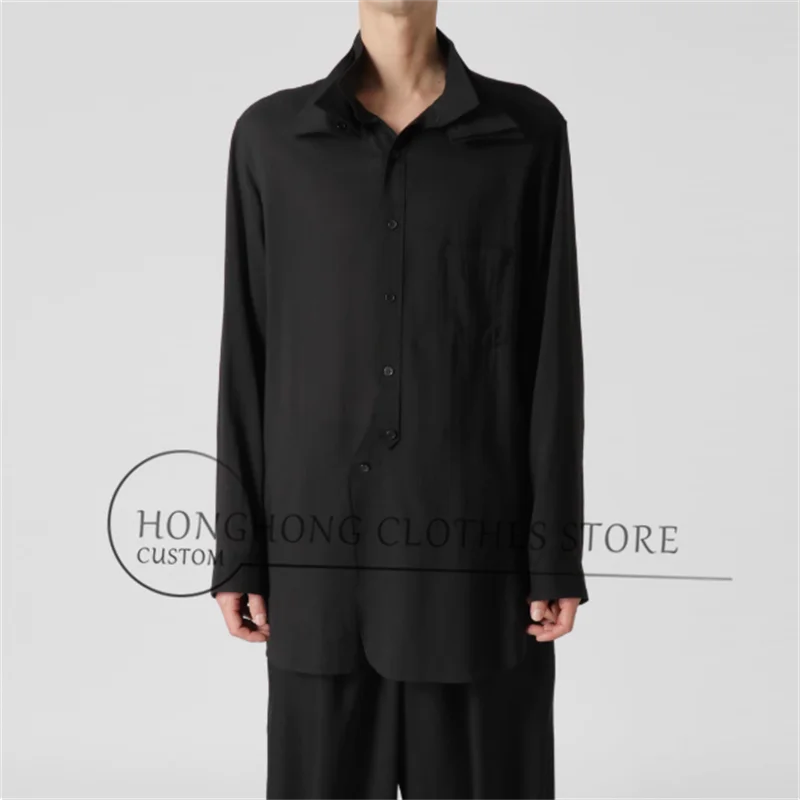 

Оригинальный дизайн 2025 года, темный тройной воротник, дуговой край, свободная рубашка, рубашка по индивидуальному заказу.