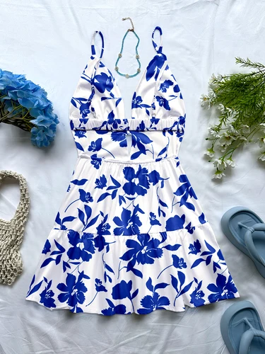 Imagen 2 del producto Novedad de verano para mujer, oferta especial, vestido étnico para vacaciones en la playa, grande, liso, azul marino, estampado Floral, ajustado, corto, suave, azul marino
