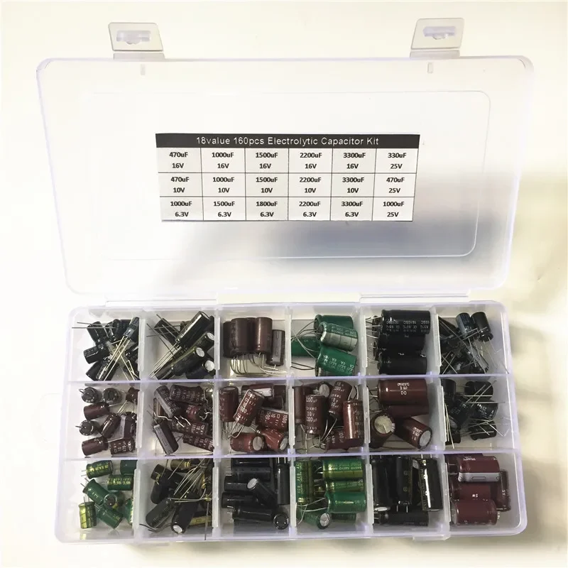 Kit condensatore 18 valori 160 pezzi Condensatori elettrolitici in alluminio 6.3V 10V 16V 25V 330uF 470uF 1000uF 1500uF 1800uF 2200F 3300uF