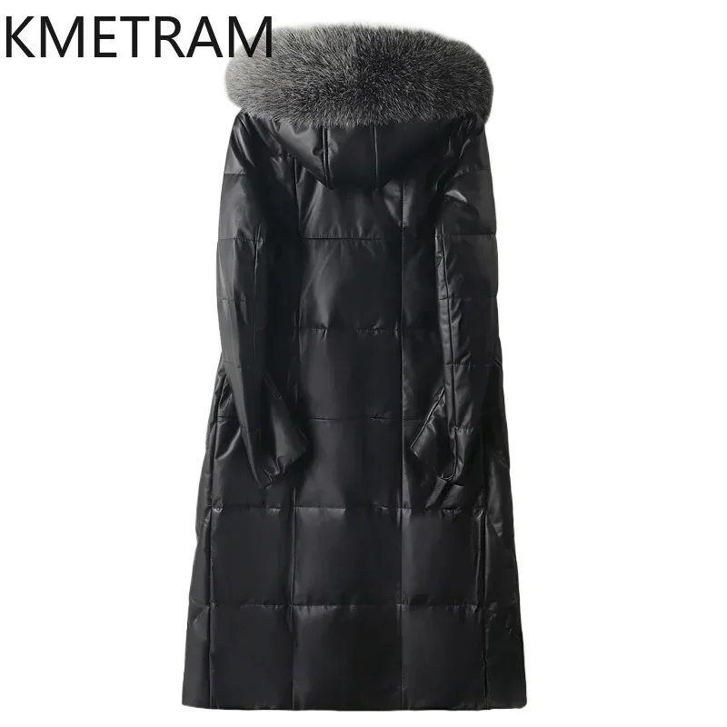 Veste en cuir véritable femmes à capuche épaissie doudoune pour femmes 2025 hiver mi-longue vers le bas manteaux col de fourrure de renard Jaqueta