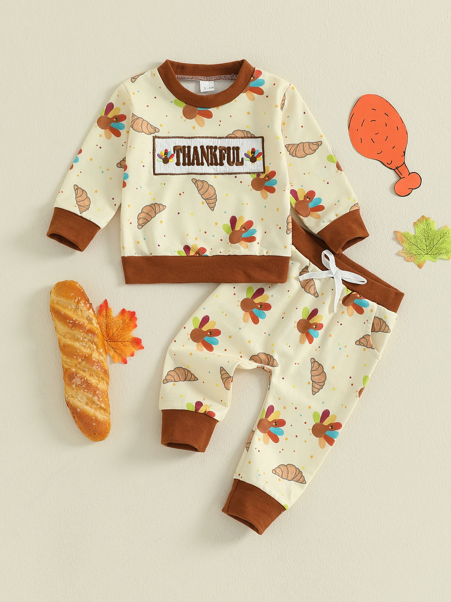

Adorable Infant Thanksgiving Costume Turkey Print Hoodie and Jogger Pants Set with Elastic Waistband for Comfort
