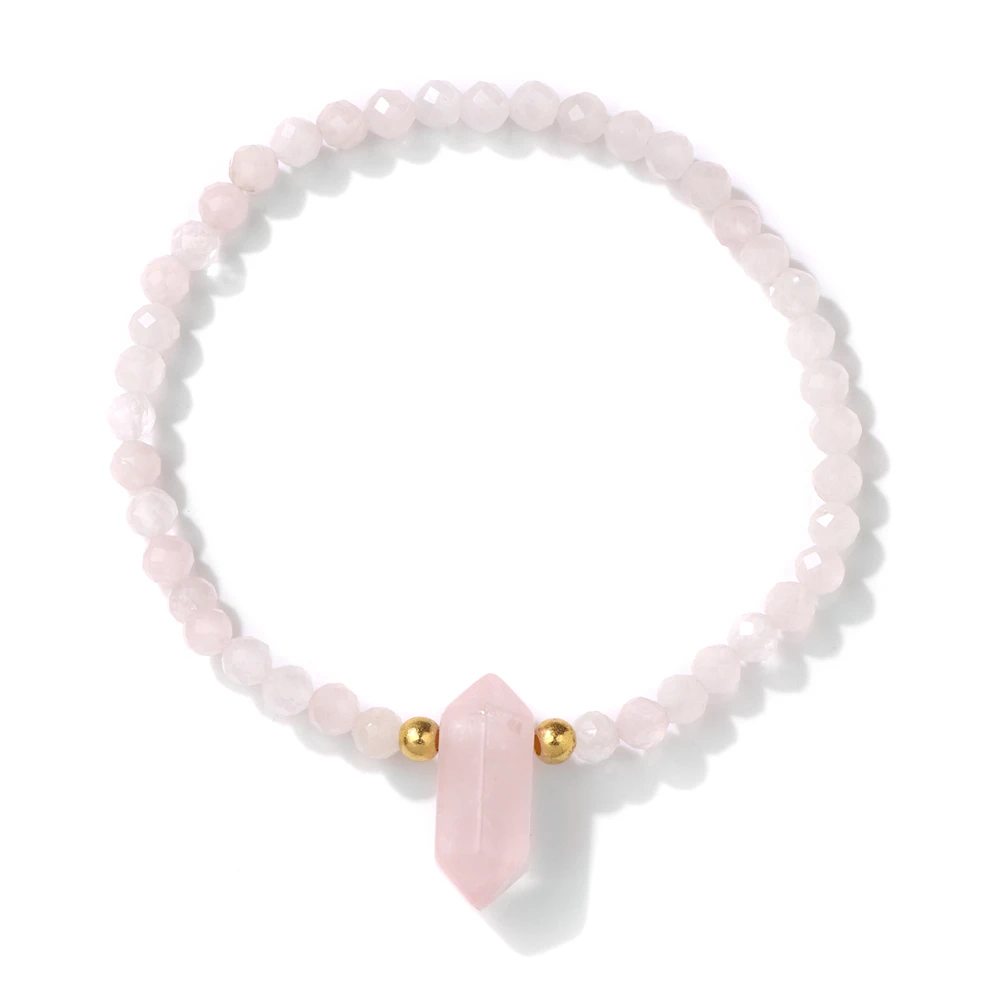 Sechseckige Säule Charm Armband natürliche rosa Quarz Amazonit Edelstein elastischen Armreif Heilung Schmuck Geschenk für Frauen Männer Paar