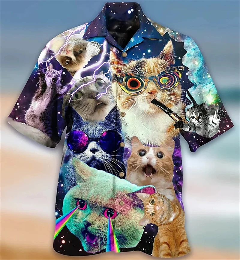 Funny Hawaiian Shirt For Men 3d Music Cat Print Beach Sweatshirt Street Designer Short Sleeved Shirt High Quality Men\'s Clothing