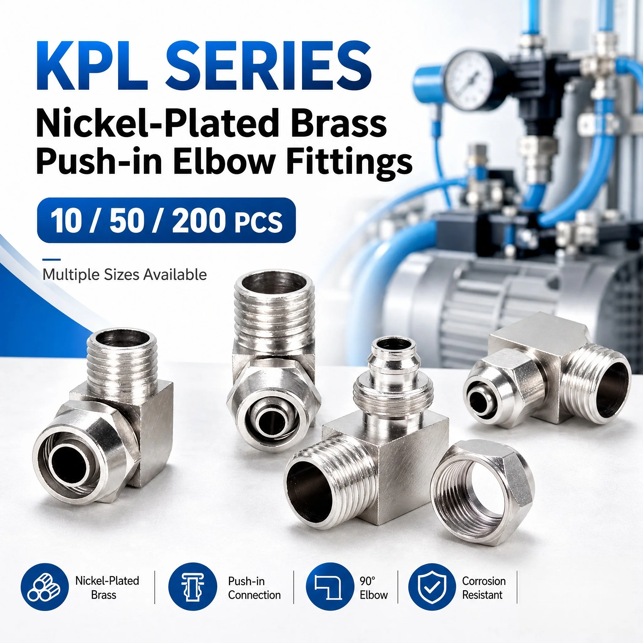 KPL Nickel-Plated Brass Pneumatic Connector Elbow L-Type Push-in Fitting M5 1/8 1/4 3/8 Air Pipe Quick Joint 4-16mm 10-200PCS