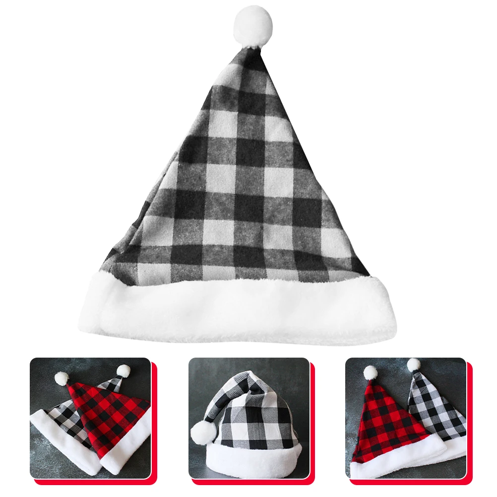 

Christmas Santa Hat Xmas Party Plaid Cloth Hat Unisex Adult Costume Accessory Performance Prop Warm Padded Lining Party
