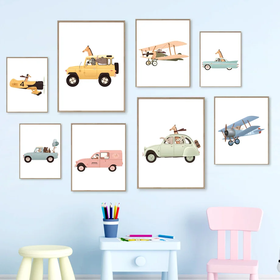 Safari Animals Airplane Cars Whimsical Nursery Wall Art Canvas Painting Nordic Posters And Prints Wall Pictures Kids Room Decor