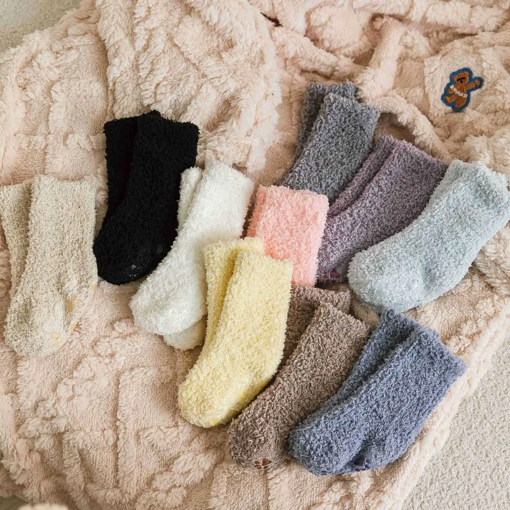 Solid Color Coral Fleece Baby Socks Korean Style Thickening Home Sleep Socks Autumn&Winter Non-Slip Sole