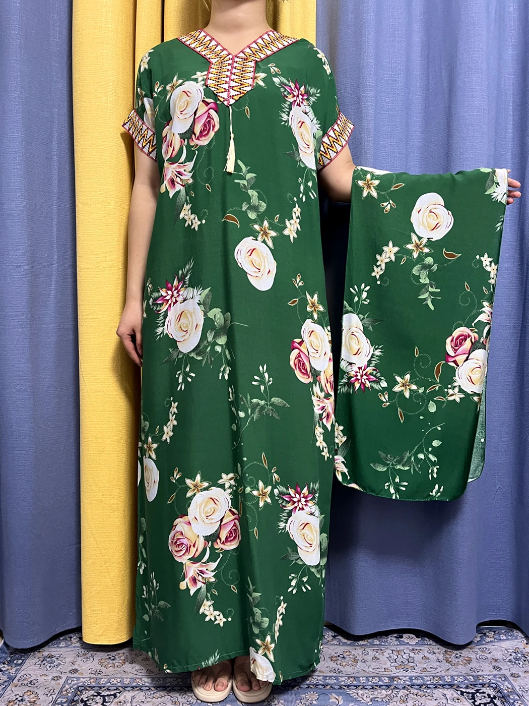 Abayas-Robe Courte en Coton à Imprimé Floral pour Femme, Col en V, Coupe Cintrée, Écharpe de Sauna, Mode Dubaï, 2023