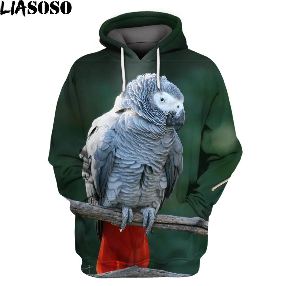 LIASOSO 3D Print Hoodies Unisex Minimalist Warm Hooded Jacket Men Bird Gray Parrot Cute Bird Elasticity Good for Shopping Coat