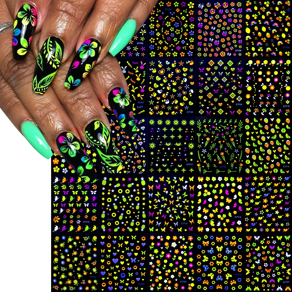 24pcs Colorful Fluorescent Butterfly Flower Nail Art Stickers Self-Adhesive Nail Supplies Neon Flowers Butterflies Nail Stickers