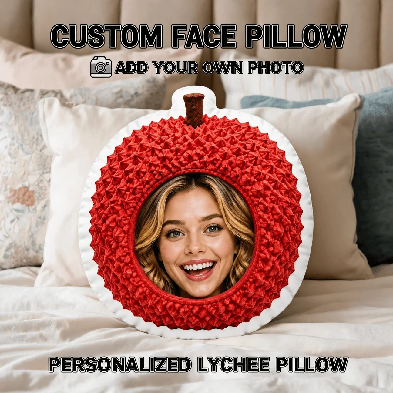 Custom Face Funny Lychee Shaped Pillow, Personalized Photo Decorative Cushion with Smiling Portrait, Unique Home Decor Accent fo