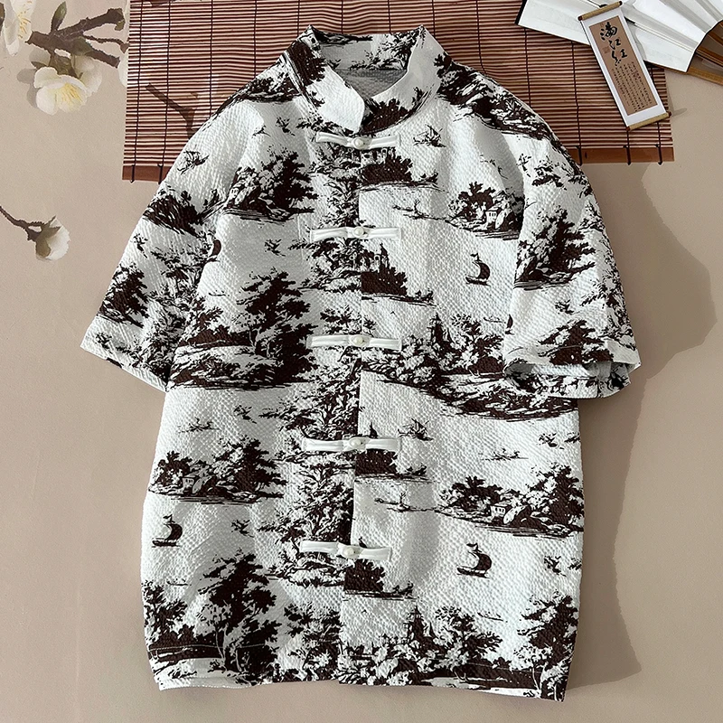 Landscape Painting Shirt Trendy New Men's Short Sleeve Plate Button Shirt Unique Pleated Design Tops Casual T-shirt