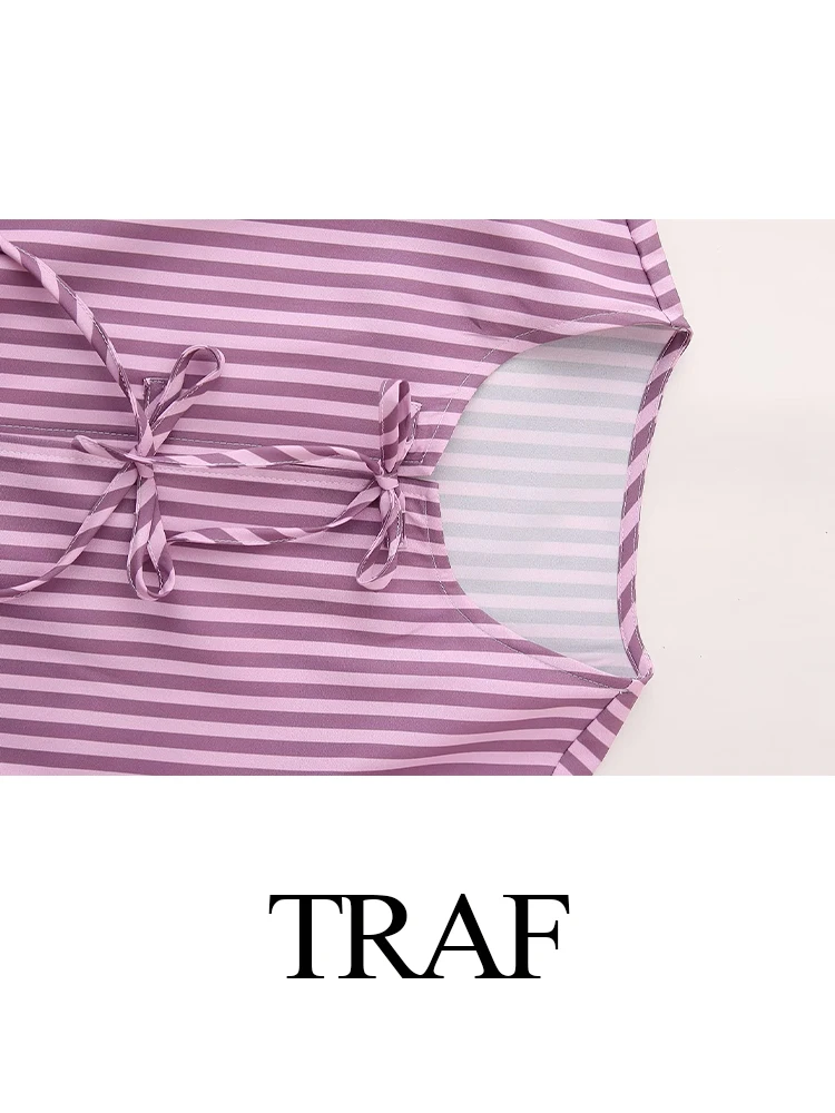 TRAF Women Elegant Stripe Lace Up Top 2024 Fashion Bow Half Sleeve Loose Tops Female Spring Summer Retro All Match Lady Shirt