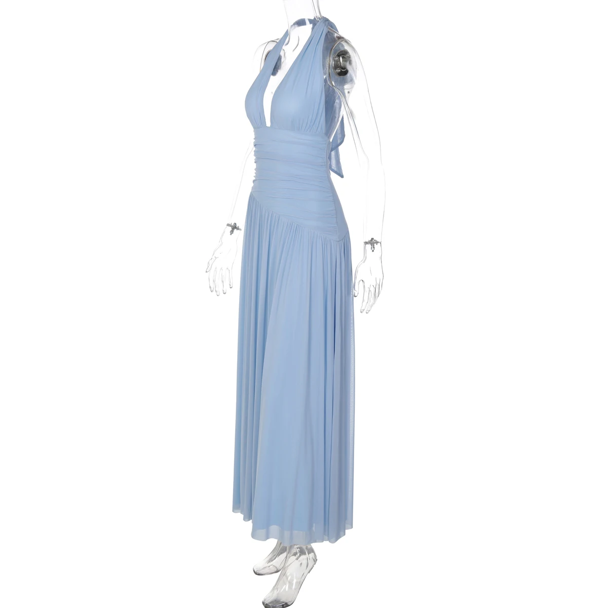 Hugcitar Elegantes Maxikleid mit V-Ausschnitt, gerafftem Rücken, Schnürung, Patchwork-Mesh, sexy Plissee, für Strand, Urlaub und Party – Detail 4