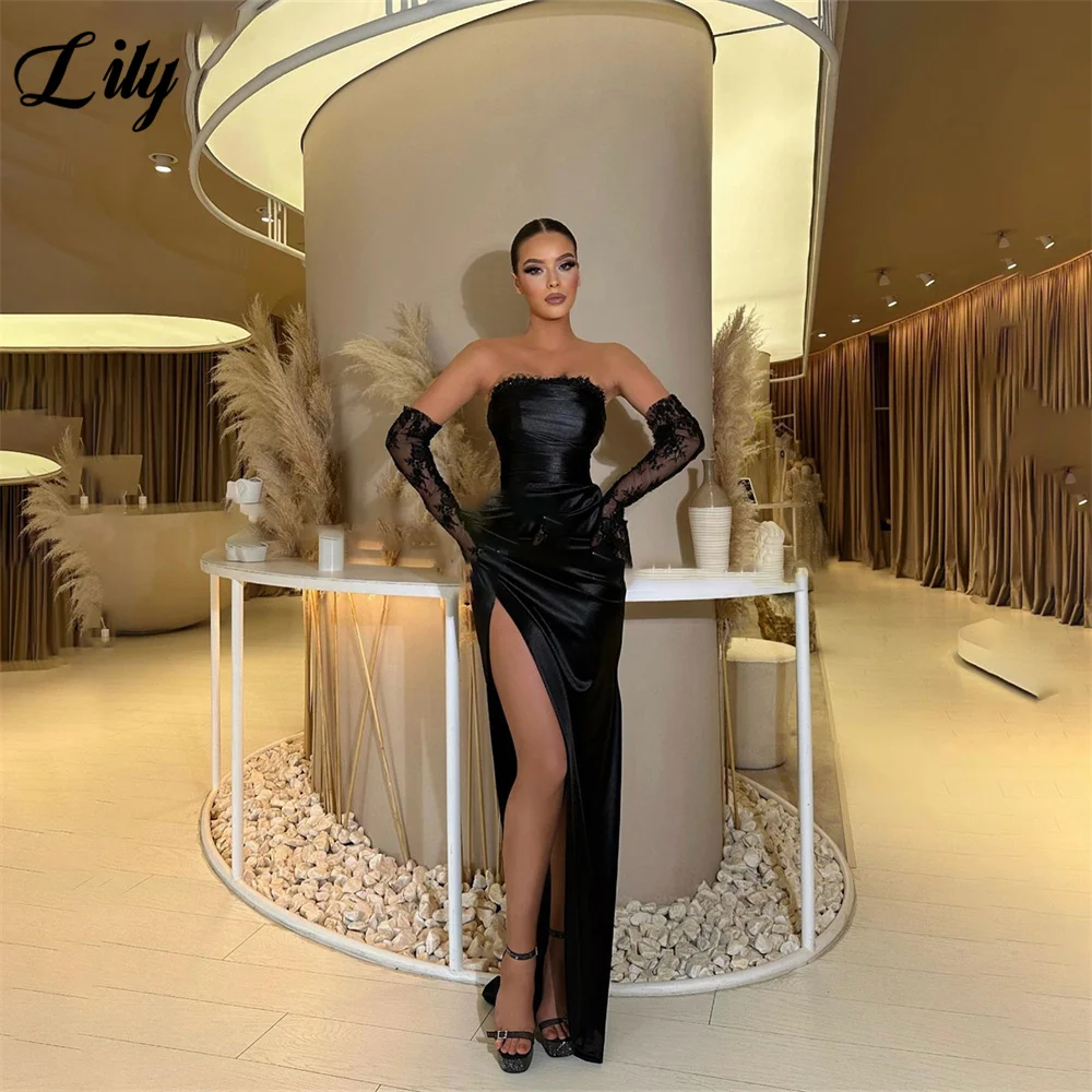 

Lily Black Strapless Special Occasion Dresses Side Split Formal Gown Lace Stain Mermaid Long Evening Dresses vestidos de fiesta