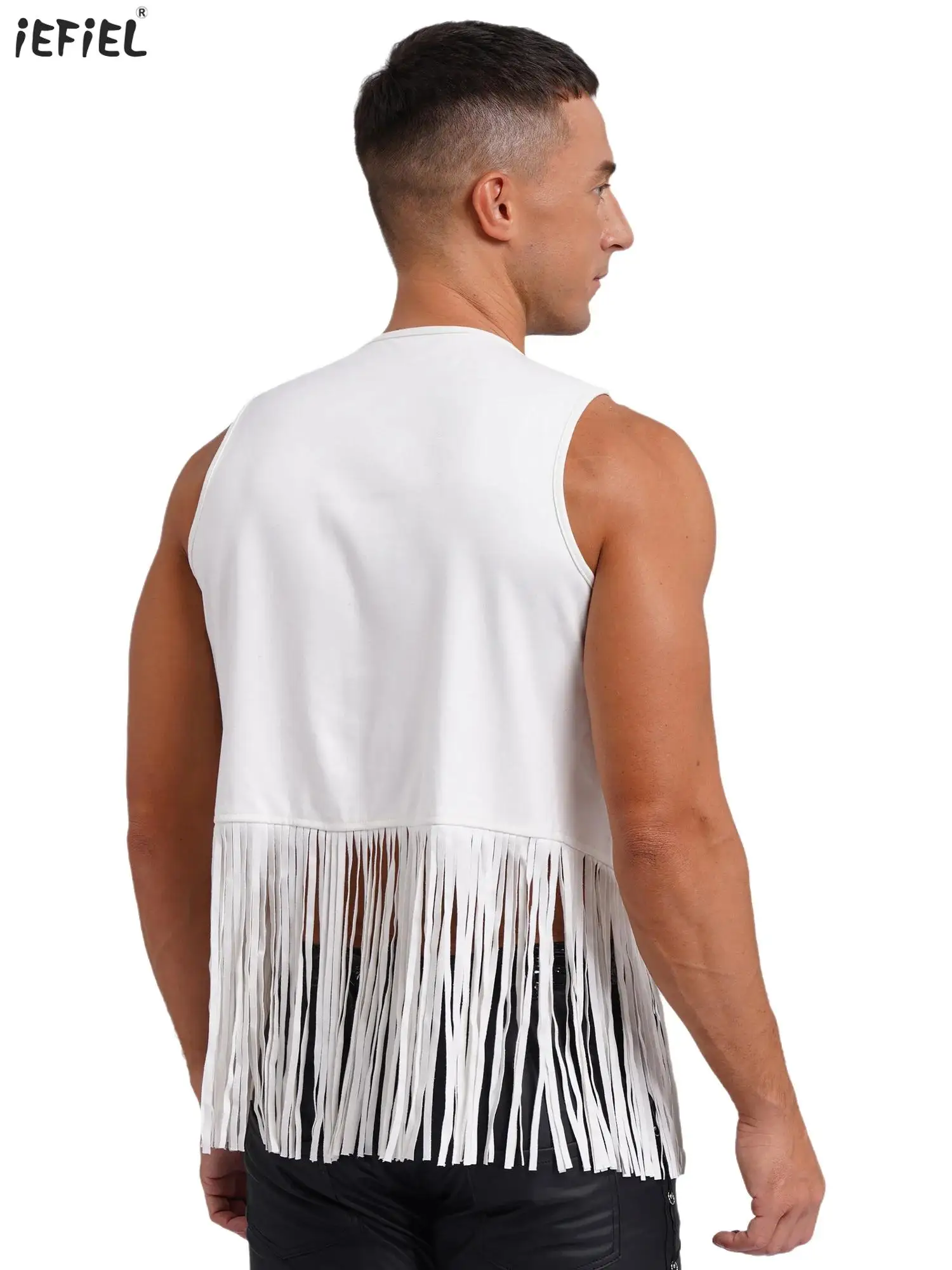 

Western Cowboy Costume for Men Halloween Cosplay Cowboy Open Front Faux Suede Tassel Vest And Hollow-out Crotch Fringe Pants Set