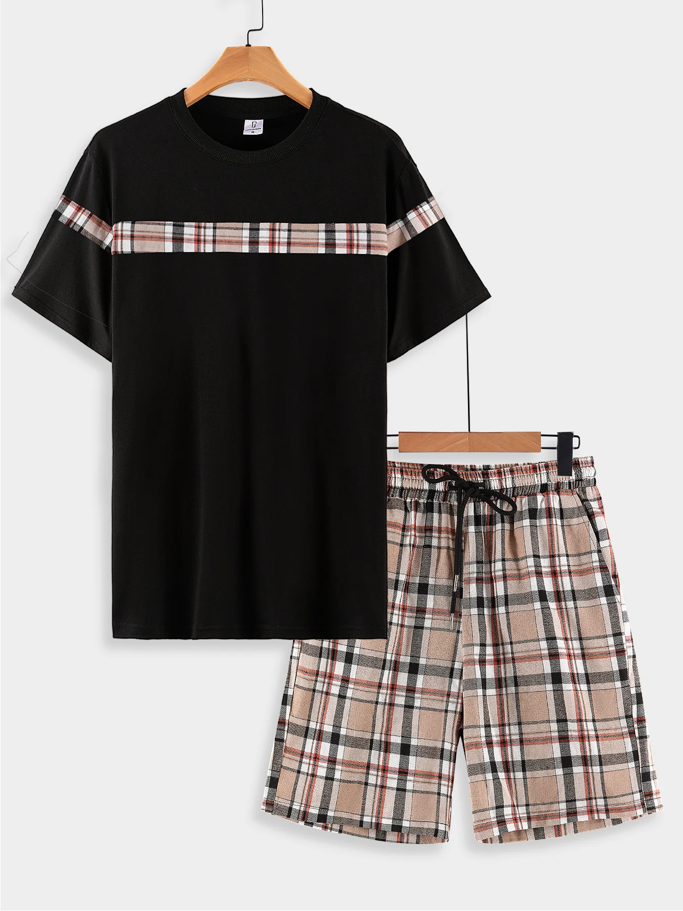 

Men's Breathable Soft Loungewear Set Black Plaid Splice Short Sleeve & Khaki Plaid Elastic Waist Shorts 2 Piece