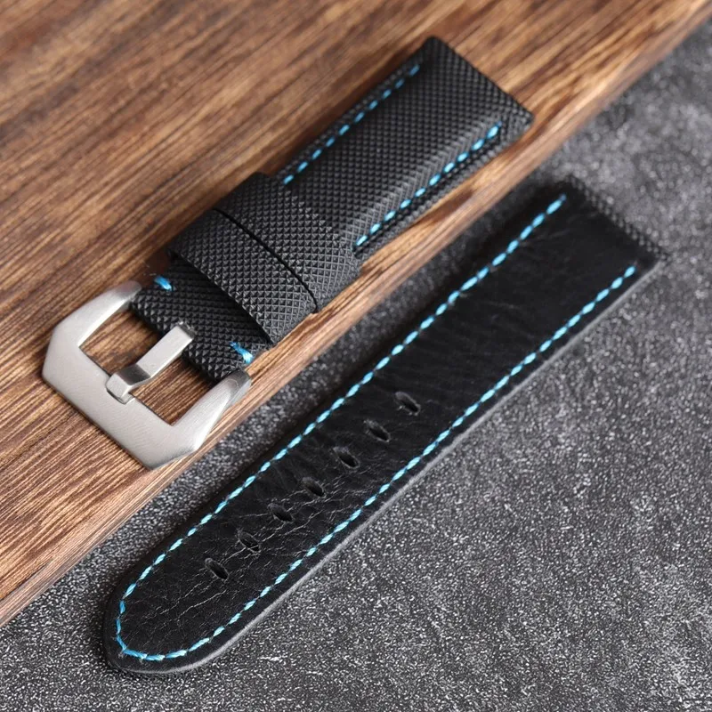 Black Nylon Leather Watchband Compatible With PAM  Watch Strap 22 24 26MM Soft Vintage Bracelet For panerai