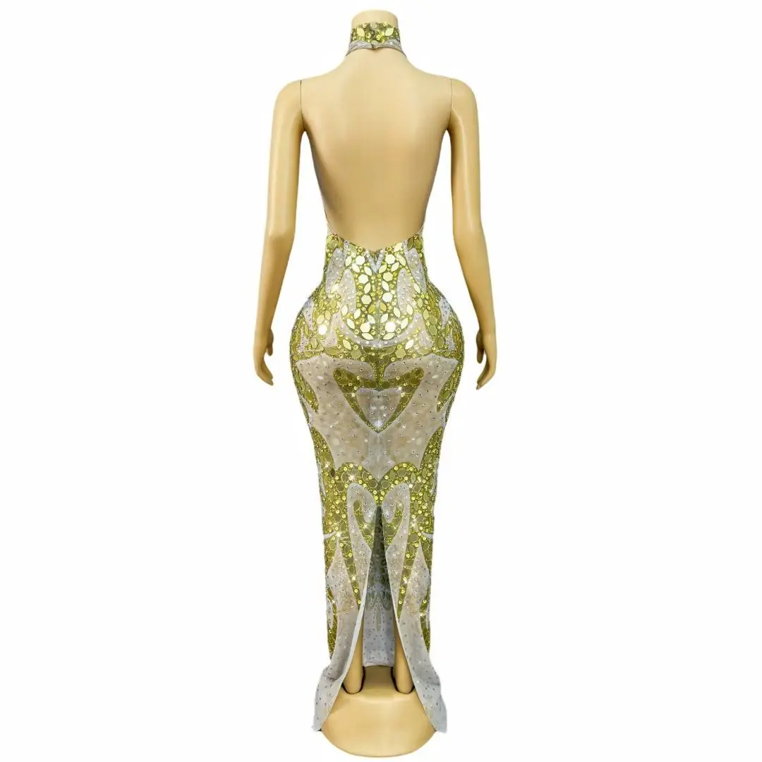 Caihua Abito da sera lungo da donna di lusso Abito da cerimonia nuziale con prospettiva a specchio geometrico dorato Abito da bar sexy senza schienale