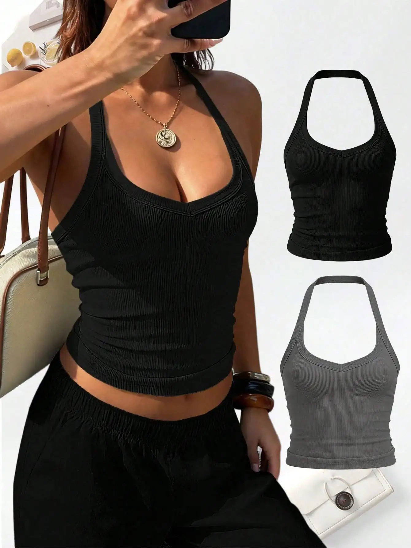 2Pcs Ribbed Knit Halter Crop  Bralette, V Neck Sleeveless  Slim Fit Cami, Summer Travel Essentials  Bra for Women， Ideal for Dai