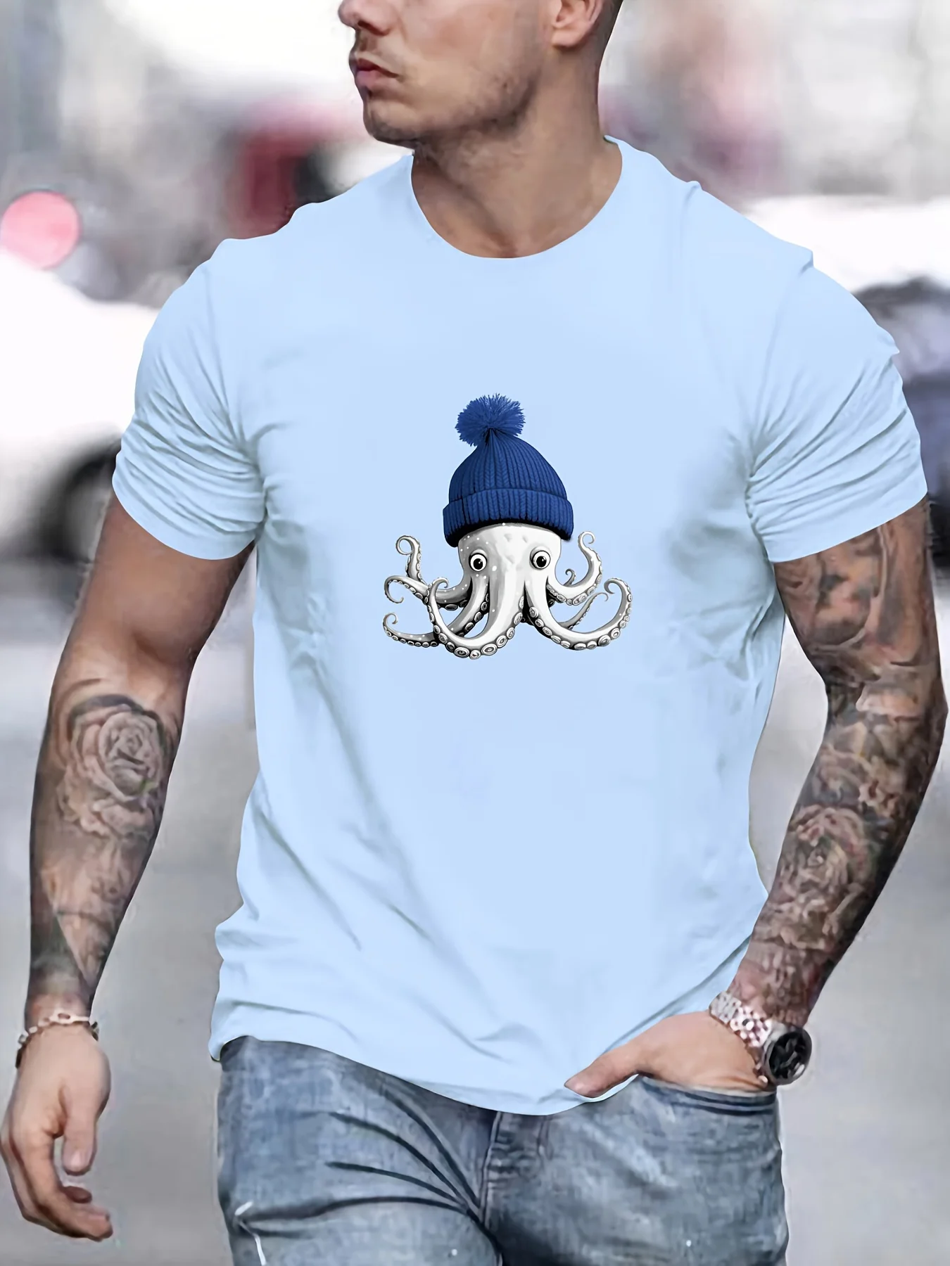 

Мужская синяя шляпа с рисунком осьминога, летняя повседневная короткая футболка с круглым вырезом