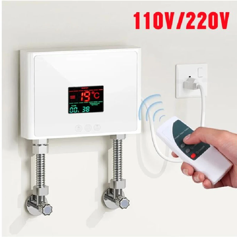 

110V 220V Instant Water Heater Bathroom Kitchen Wall Mounted Electric Water Heater LCD Temperature Display with Remote Control