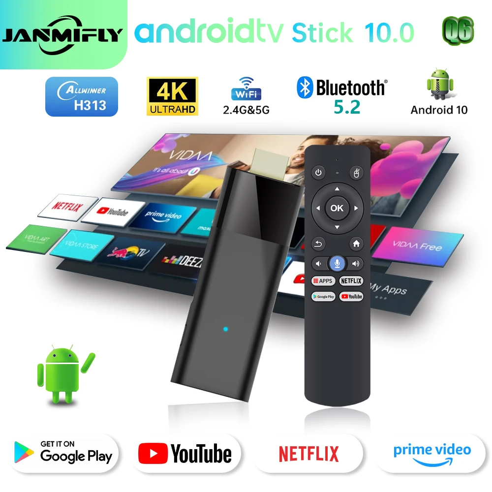 جهاز استقبال للتليفزيون أندرويد 10 HD 4K ثنائي واي فاي 2.4G&5G Google TV Voice Allwinner H313 رباعي النواة Cortex A53 3D NETFLIX Youtube Q6 BT5.2
