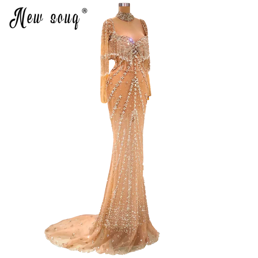 Generous Champagne Square Neck Long Evening Dress Silver Beaded Tassel Prom Party Gowns for Women Arabic 2022 Wedding Dress