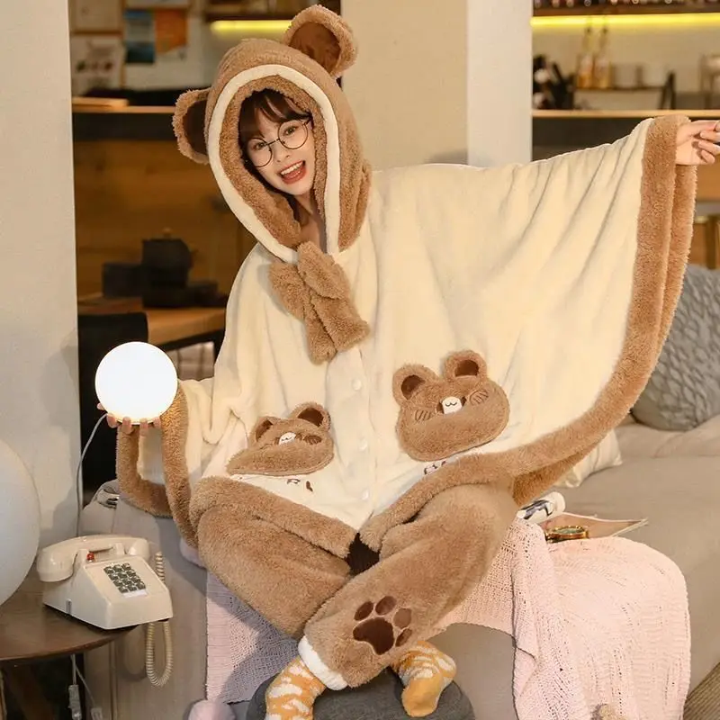 Winter Sweet Lolita Cloak Pajamas Sets Women Cute Bear Ear Hooded Warm Coral Fleece Sleepwear Girls Casual Home Clothes Pyjamas