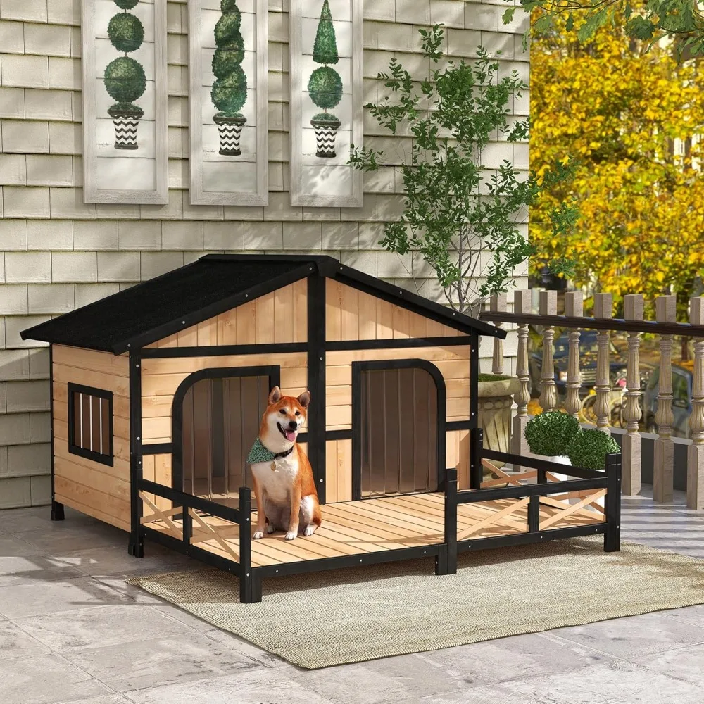 Wooden Large Dog House Outdoor Double XL Dog Kennel with Elevated Floor and Porch,Natural