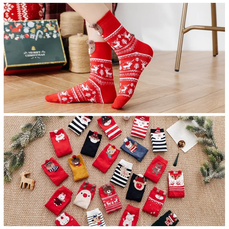 Christmas Red Socks Xmas Cartoon Santa Claus Elk Bear Socks Girls Favors Gifts Socks Merry Christmas Happy New Year 2025